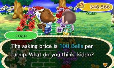 Joan: The asking price is 100 bells per turnip. What do you think, kiddo?