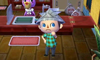 Wearing the newsprint helmet.