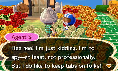 Agent S: Hee hee! I'm just kidding. I'm no spy--at least, not professionally. But I do like to keep tabs on folks!