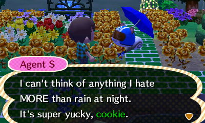 Agent S: I can't think of anything I hate MORE than rain at night. It's super yucky, cookie.