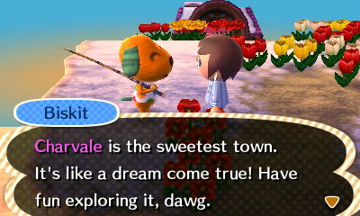 Biskit: Charvale is the sweetest town. It's like a dream come true! Have fun exploring it, dawg.