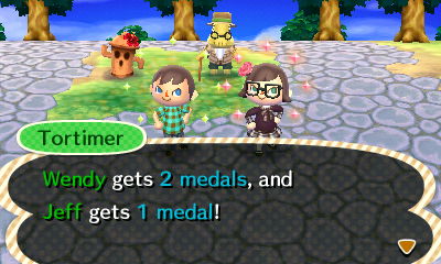 Tortimer: Wendy gets 2 medals, and Jeff gets 1 medal!