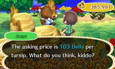 Joan: The asking price is 103 bells per turnip. What do you think, kiddo?