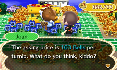 Joan: The asking price is 103 bells per turnip. What do you think, kiddo?