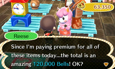 Reese: Since I'm paying premium for all of these items today...the total is an amazing 120,000 bells! OK?