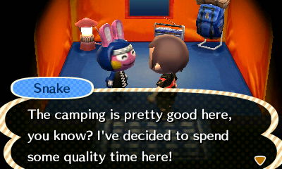 Snake: The camping is pretty good here, you know? I've decided to spend some quality time here!