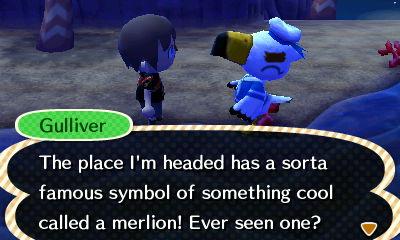 Gulliver: The place I'm headed to has a sorta famous symbol of something cool called a merlion! Ever seen one?