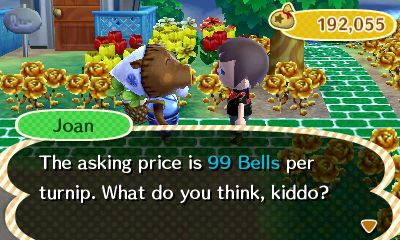 Joan: The asking price is 99 bells per turnip. What do you think, kiddo?