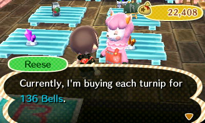 Reese: Currently, I'm buying each turnip for 136 bells.