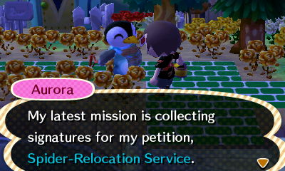 Aurora: My latest mission is collecting signatures for my petition, Spider-Relocation Service.