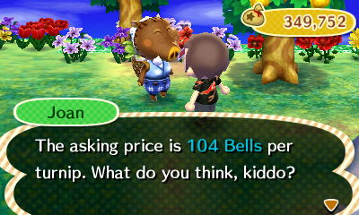 Joan: The asking price is 104 bells per turnip. What do you think, kiddo?
