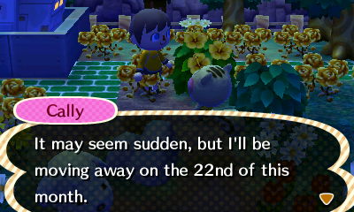 Callyl: It may seem sudden, but I'll be moving away on the 22nd of this month.