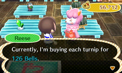 Reese: Currently, I'm buying each turnip for 126 bells.
