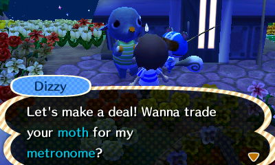 Dizzy: Let's make a deal! Wanna trade your moth for my metronome?
