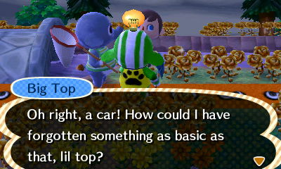 Big Top: Oh right, a car! How could I have forgotten something as basic as that, lil top?
