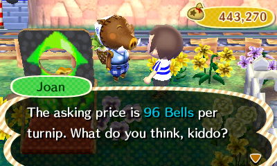 Joan: The asking price is 96 bells per turnip. What do you think, kiddo?