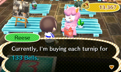 Reese: Currently, I'm buying each turnip for 133 bells.