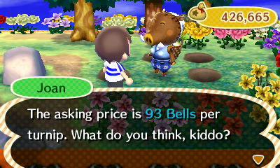 Joan: The asking price is 93 bells per turnip. What do you think, kiddo?