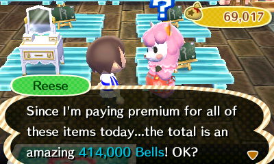 Reese: Since I'm paying premium for all of these items today...the total is an amazing 414,000 bells!