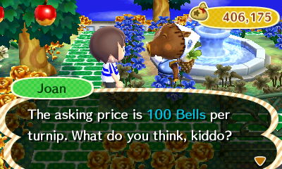 Joan: The asking price is 100 bells per turnip. What do you think, kiddo?