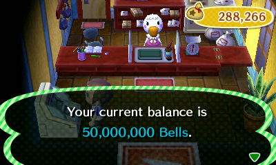 Your current balance is 50,000,000 bells.