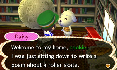 Daisy: Welcome to my home! I was just sitting down to write a poem about a roller skate.