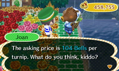 Joan: The asking price is 104 bells per turnip. What do you think, kiddo?