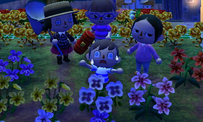 Everyone looks on as I try to free myself from a pitfall.