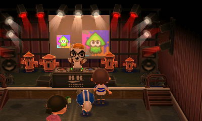 Splatoon patterns on display as DJ K.K. plays music.