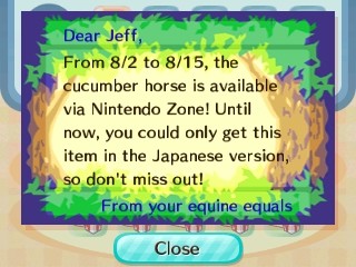 From 8/2 to 8/15, the cucumber horse is available via Nintendo Zone!