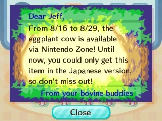 From 8/16 to 8/29, the eggplant cow is available via Nintendo Zone!