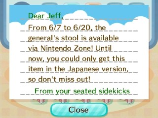 From 6/7 to 6/20, the general's stool is available via Nintendo Zone!