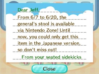 From 6/7 to 6/20, the general's stool is available via Nintendo Zone!
