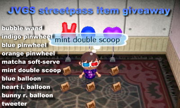 Prize list for the JVGS StreetPass item giveaway.