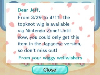 From 3/29 to 4/11, the topknot wig is available via Nintendo Zone!