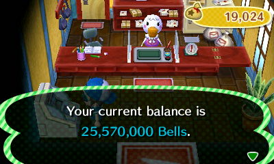 Your current balance is 25,570,000 bells.
