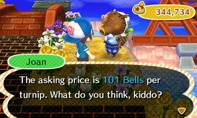 Joan: The asking price is 101 bells per turnip. What do you think, kiddo?