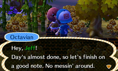 Octavian: Hey, Jeff! Day's almost done, so let's finish on a good note. No messin' around.