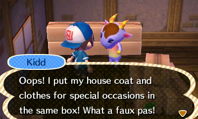 Kid: Oops! I put my house coat and clothes for special occasions in the same box! What a faux pas!