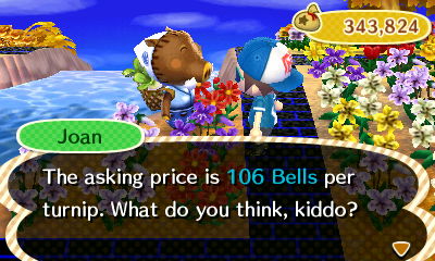 Joan: The asking price is 106 bells per turnip. What do you think, kiddo?