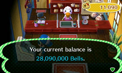 Your current balance is 28,090,000 bells.