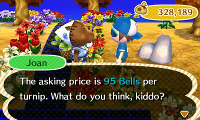 Joan: The asking price is 95 bells per turnip. What do you think, kiddo?
