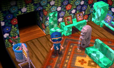 A flower pop wall and cabin rug.