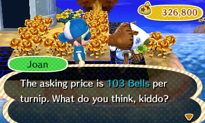 Joan: The asking price is 103 bells per turnip. What do you think, kiddo?