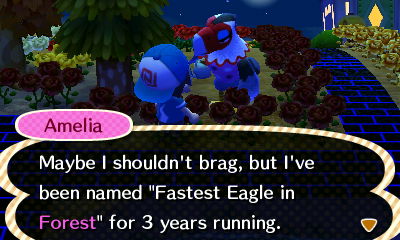 Amelia: Maybe I shouldn't brage, but I've been named "Fastest Eagle in Forest" for 3 years running.