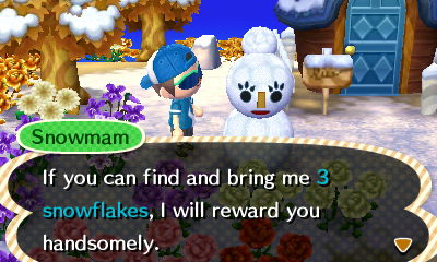 Snowmam: If you can find and bring me 3 snowflakes, I will reward you handsomely.