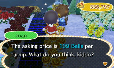 Joan: The asking price is 109 bells per turnip. What do you think, kiddo?