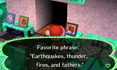 Resetti's favorite phrase: Earthquakes, thunder, fires, and fathers.