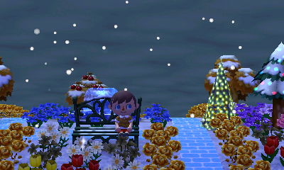 Sitting on the bench in the snow.