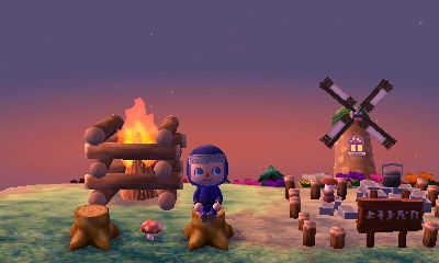 A fire pit, windmill, and campground in Hotel Dojo.